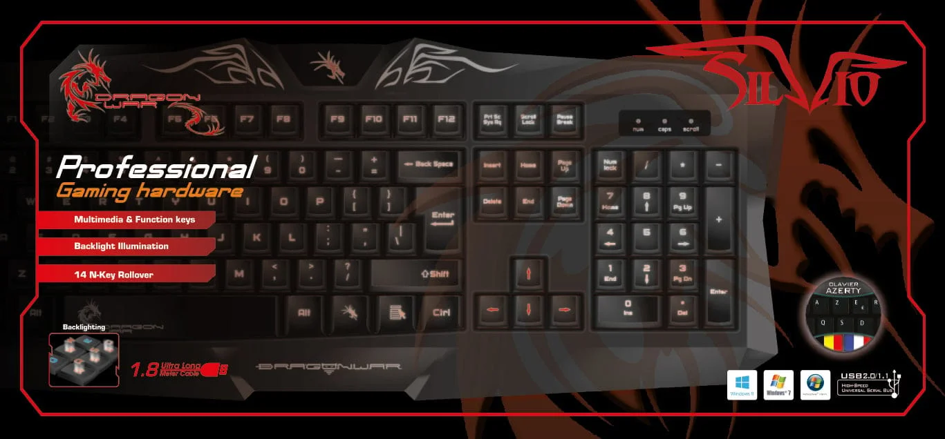 Dragonwar Silvio Gaming Toetsenbord Azerty - 14 anti-ghosting toetsen - achtergrondverlichting toetsen - n-key rollover - Zwart