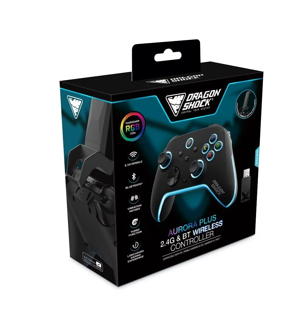 DragonShock - AURORA PLUS - Draadloze Controller Zwart met Telefoonhoudervoor PS3, PC, Android en IOS